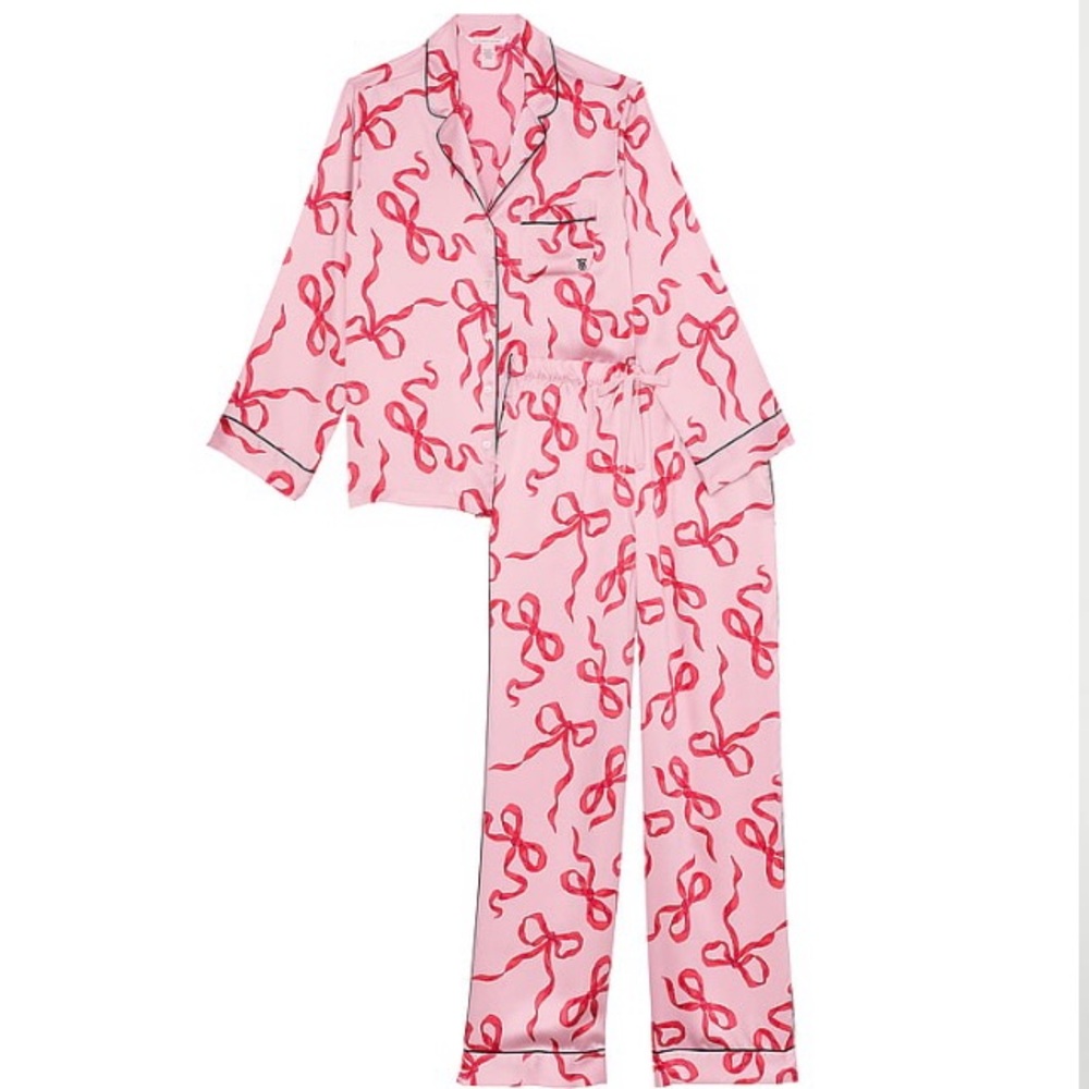 Glazed Satin Long Pajamas - Chalk Rose Bows